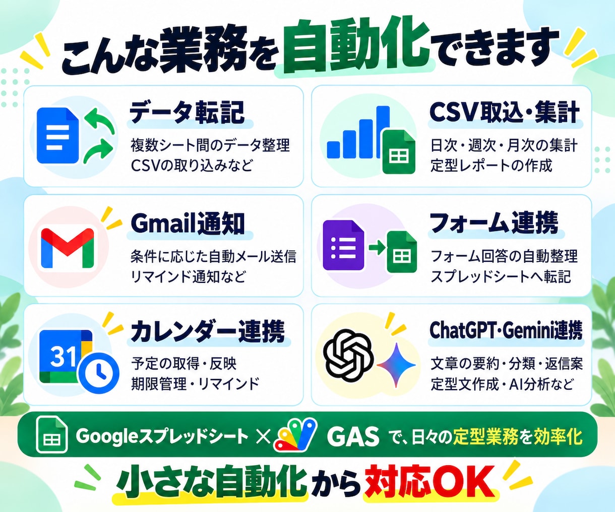 スプレッドシート業務をGASで自動化します 面倒な転記・集計・通知を仕組み化します イメージ3