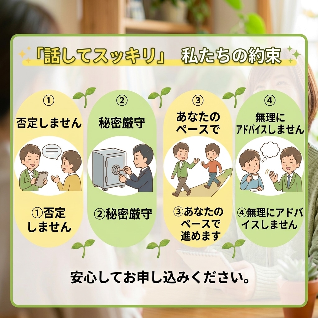 あなたのお悩みじっくりお聞きします 考えすぎて動けないあなたへ。小さな一歩を一緒に見つけます イメージ4