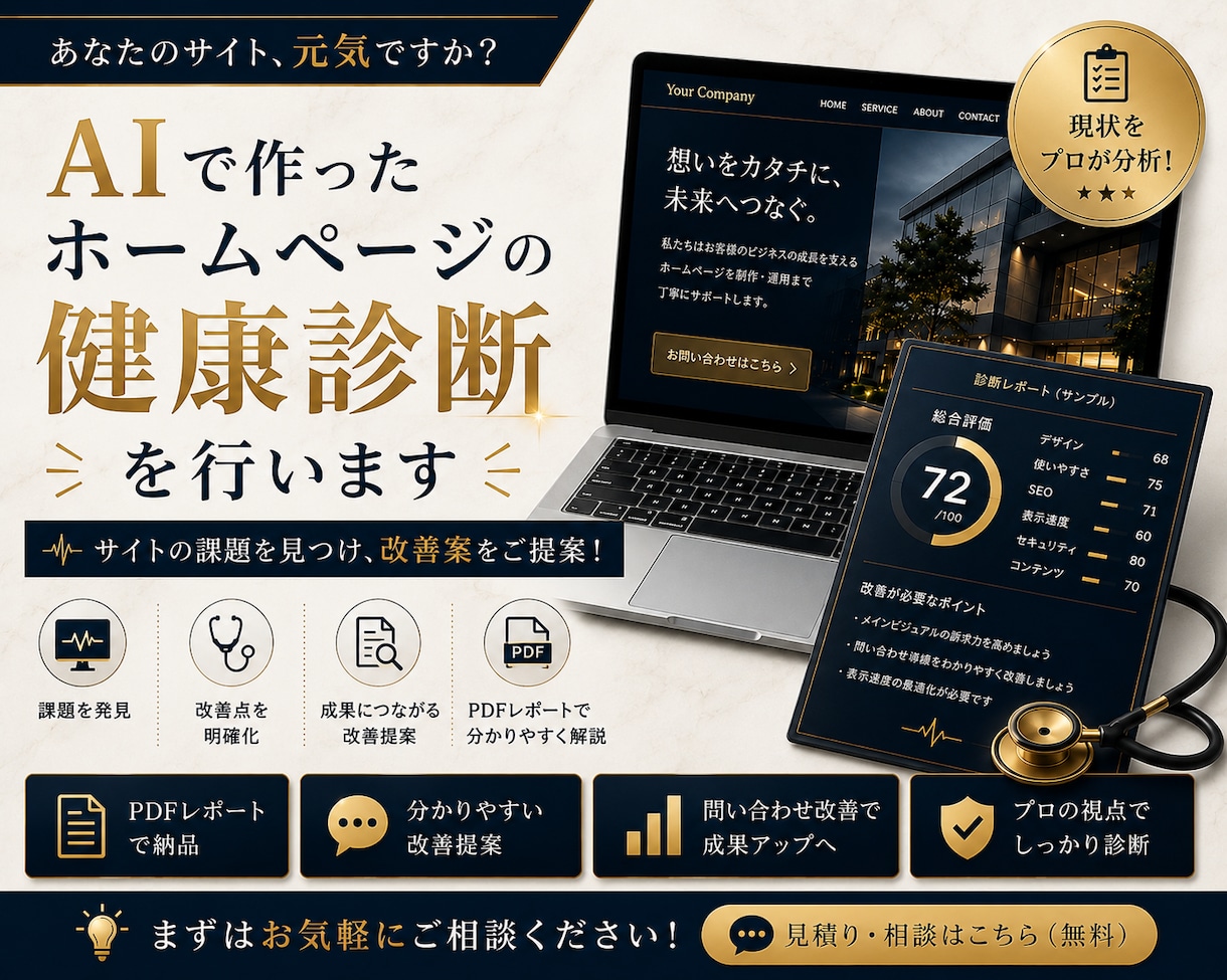 10名限定!AIで作ったホームページを診断します AI制作サイトの改善点を分かりやすく提案 イメージ1