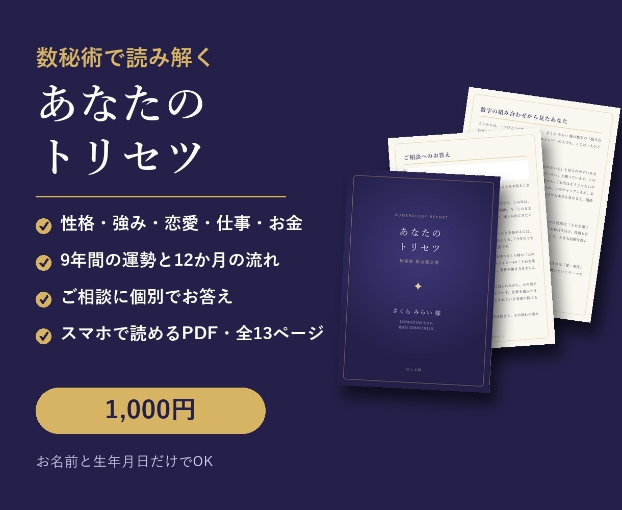 数秘術であなたのトリセツ鑑定書をお届けします 全13ページのPDF｜性格・恋愛・仕事・9年の運勢 イメージ1