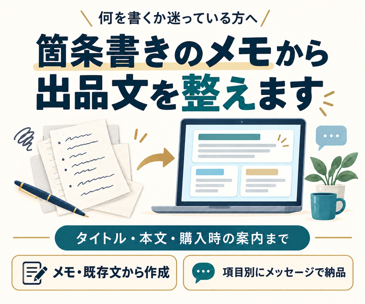 箇条書きから出品文と購入時の案内を整えます 何を書くか迷う入力欄を、貼り付けて使える文章に イメージ1