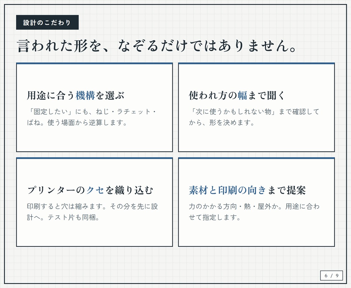スケッチや写真から3Dプリント部品を設計します 図面不要。雑なメモ1枚から"使える部品"に仕上げます イメージ6