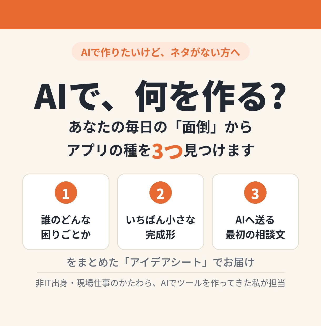 AIで何を作るか、あなたの日常から一緒に見つけます 仕事や趣味の「面倒」から、作れるアプリの種を3つ届けます イメージ1