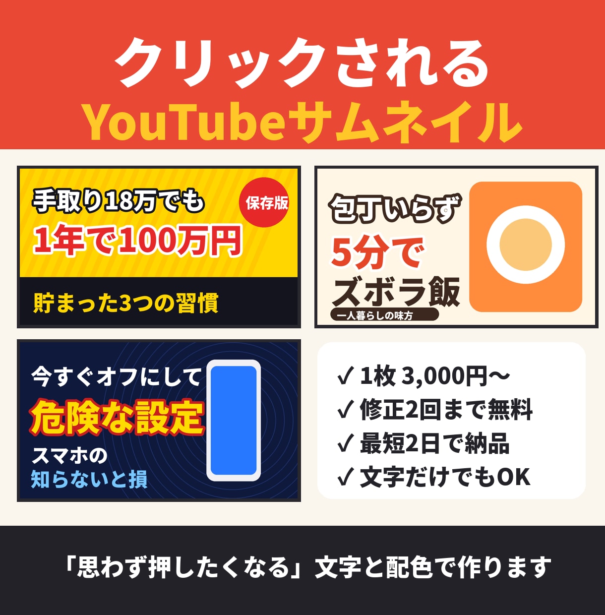 押したくなるYouTubeサムネを作ります 文字だけでもOK｜修正2回無料・最短2日納品 イメージ1