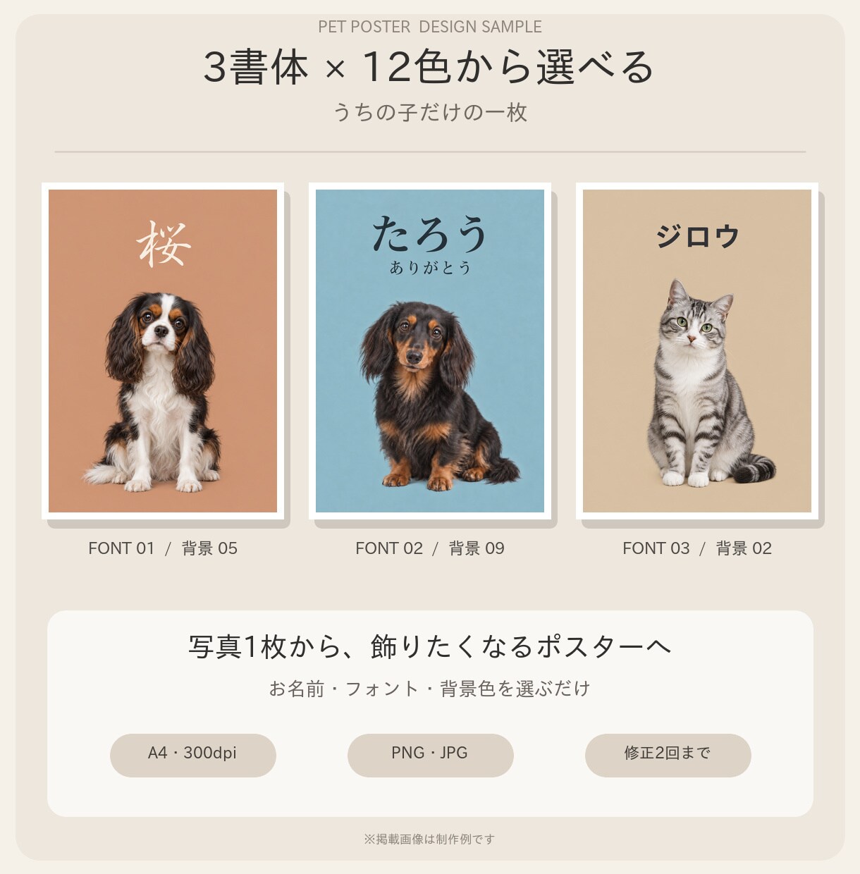 ペット写真をおしゃれな名前入りポスターにします 3書体×12色から選べる、うちの子だけの一枚 イメージ5