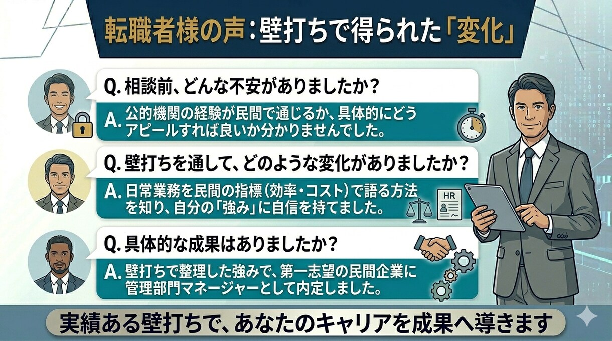 公的機関から民間！40代転職に向けた壁打ちします 40代・公的機関から民間へ！経歴を強みに変える管理部門壁打ち イメージ8