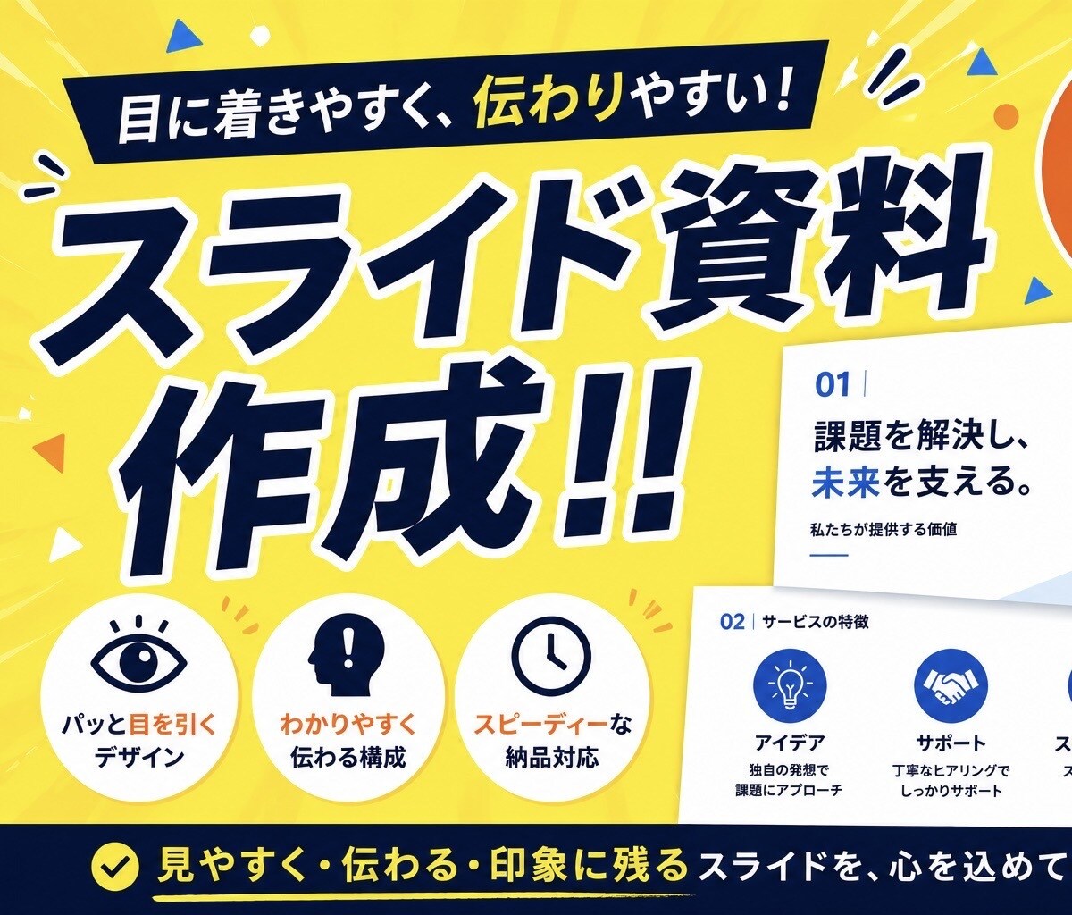 見やすく伝わるスライド資料を作成します プレゼン資料・授業資料をわかりやすく作成します イメージ1