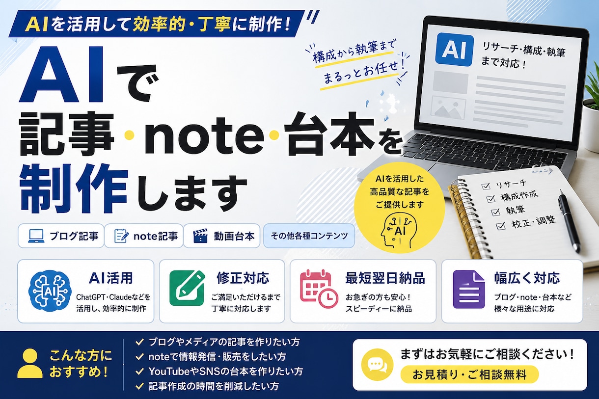 AIで記事・note・台本を制作します AI×人の確認で読みやすい記事をご提供します イメージ1