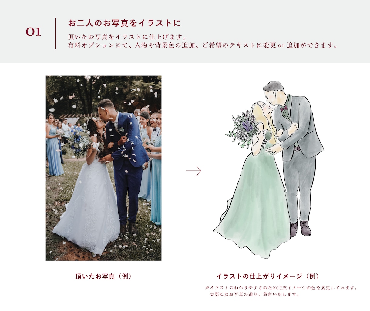 水彩画のお洒落なウェルカムボードデザインします 似顔絵イラスト＋デザイン、まるっとお任せください イメージ5