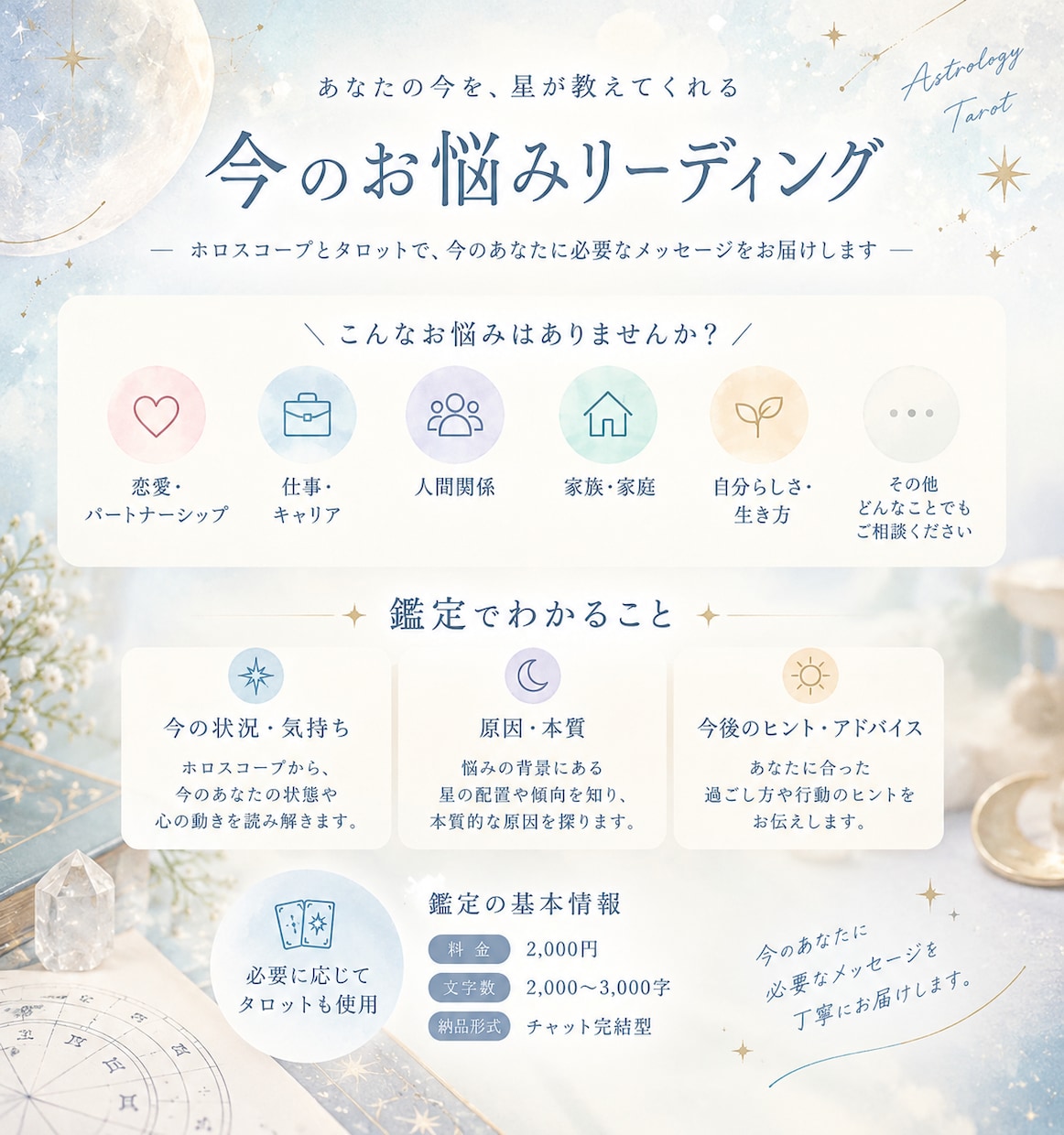 今のお悩みを星とカードから読み解きます あなたの星とタロットから、今の悩みとの向き合い方を探ります。 イメージ1