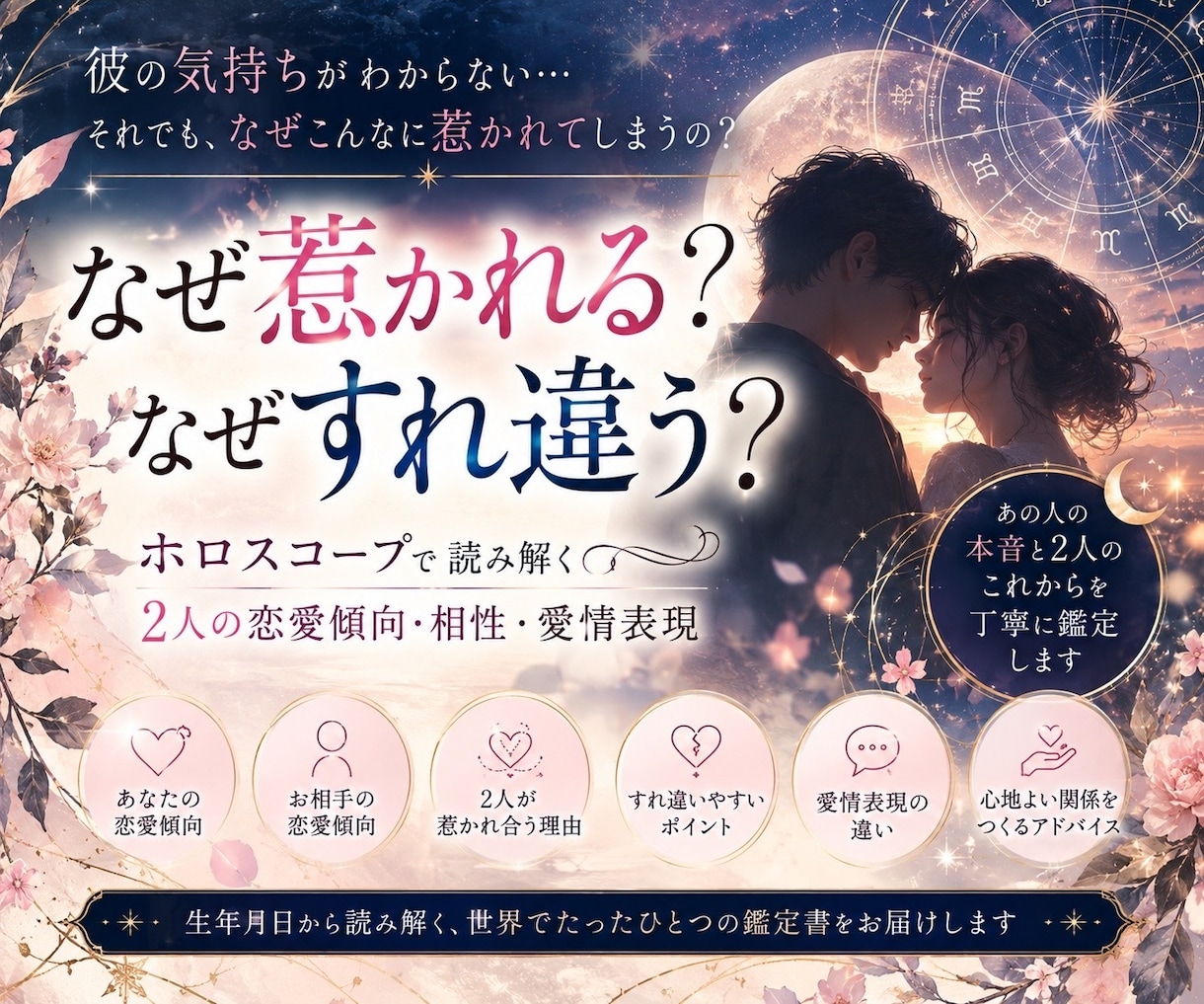恋愛占い♡なぜ惹かれる？なぜすれ違う？読み解きます 彼の恋愛傾向・愛情表現・2人の違いをホロスコープで徹底鑑定♡ イメージ1