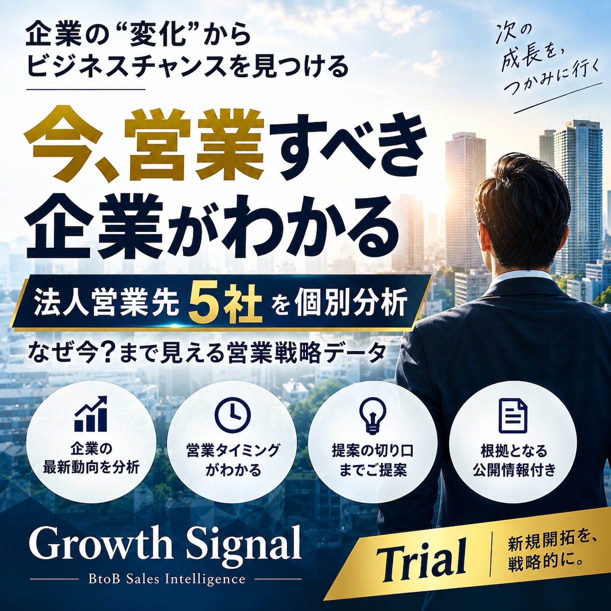 今、あなたが狙うべき法人営業先「5社」を分析します 企業の動きを分析し、営業タイミングまで可視化 イメージ1