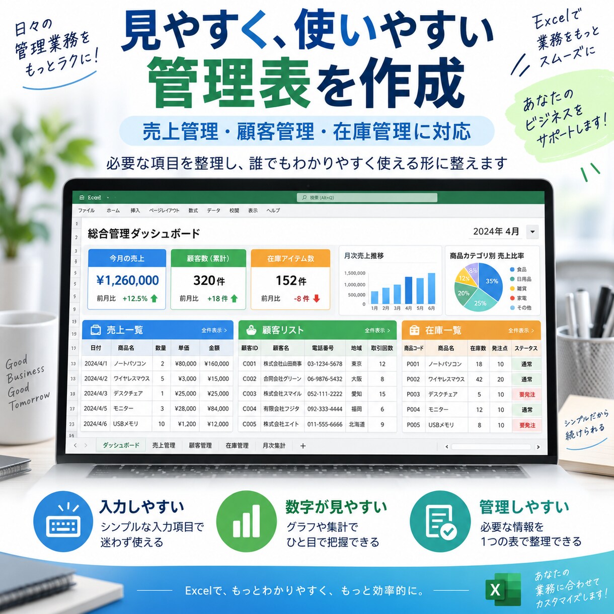 Excelで売上・顧客・在庫を見やすく管理します 誰でも迷わず使える、シンプルで直感的な管理表に イメージ2