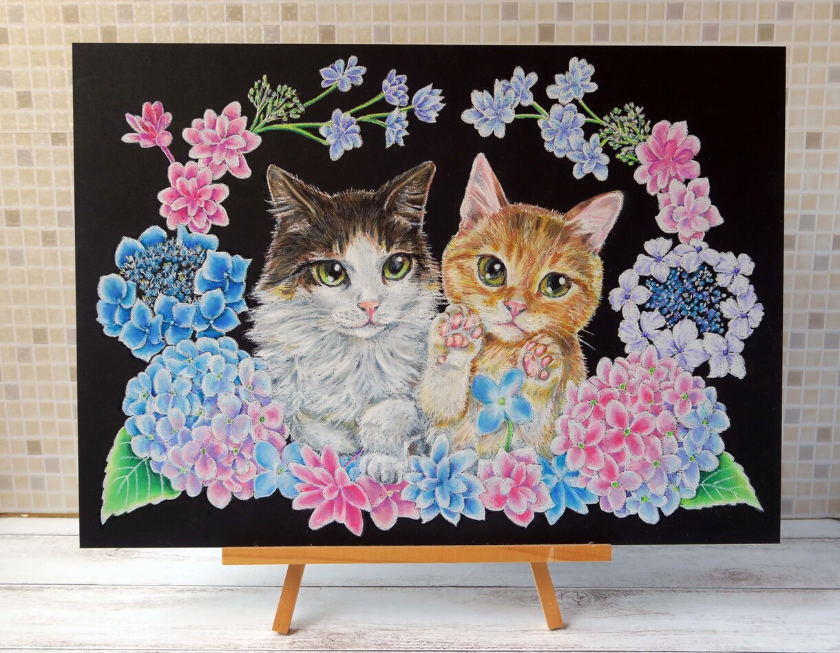 チョークアートで華やかなペットイラスト描きます 黒背景に映える✨お花や植物で飾ったペットのウェルカムボード イメージ5