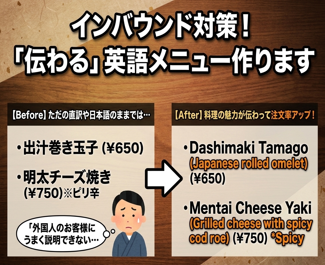 外国人に「伝わる」飲食店の英語メニュー翻訳します 直訳ではなく料理の魅力が伝わる英語にします イメージ1
