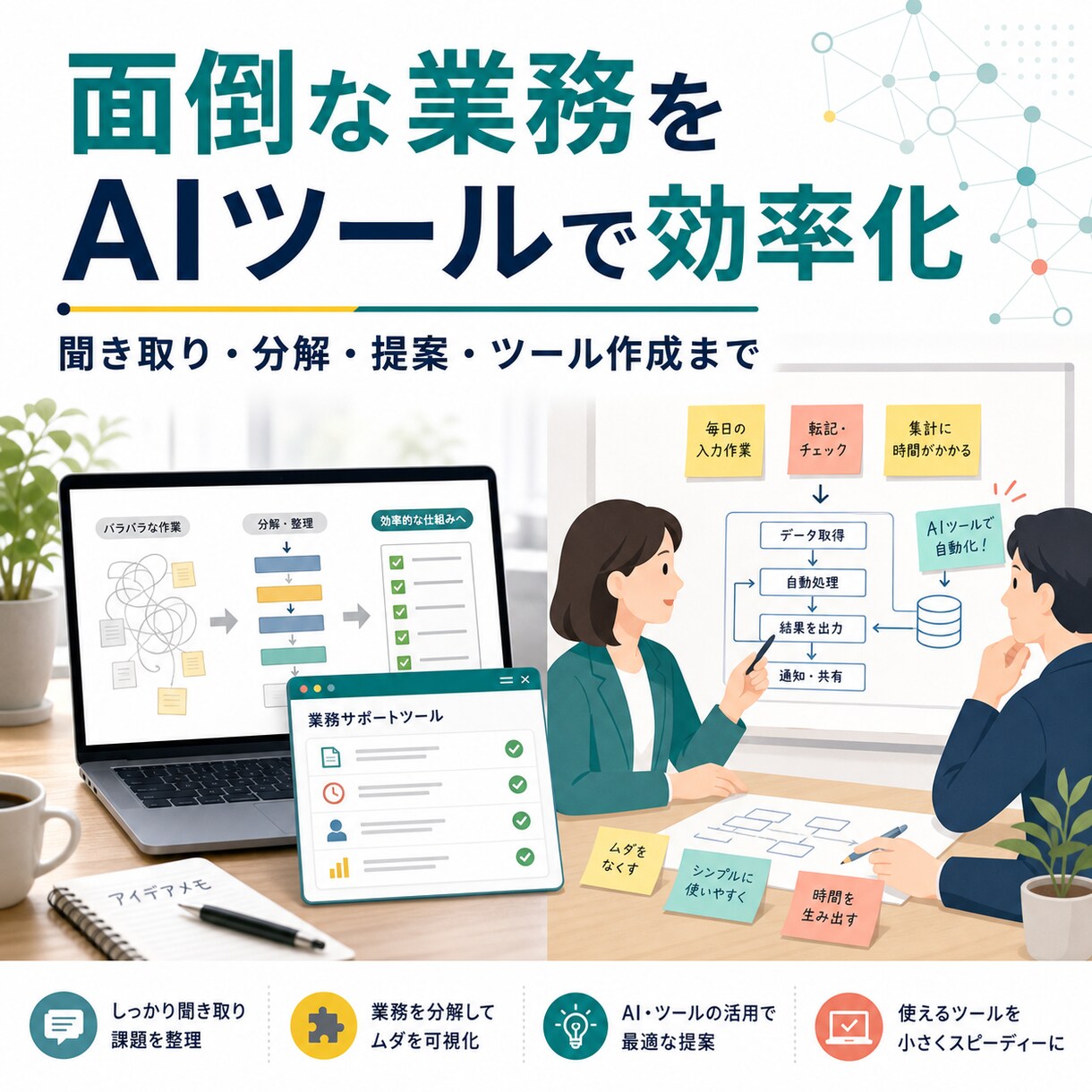 面倒な業務をAIツールで効率化します 毎日の繰り返し作業を整理しAIやツールで楽な形まで整えます イメージ1