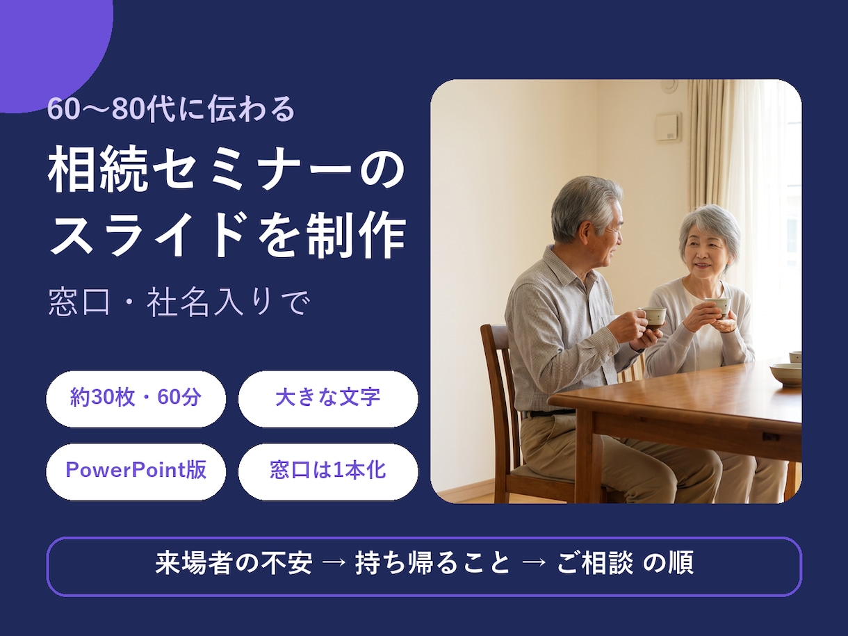 相続セミナーのスライドを窓口入りで制作します 60〜80代に伝わる、大きな文字と写真の約30枚 イメージ1