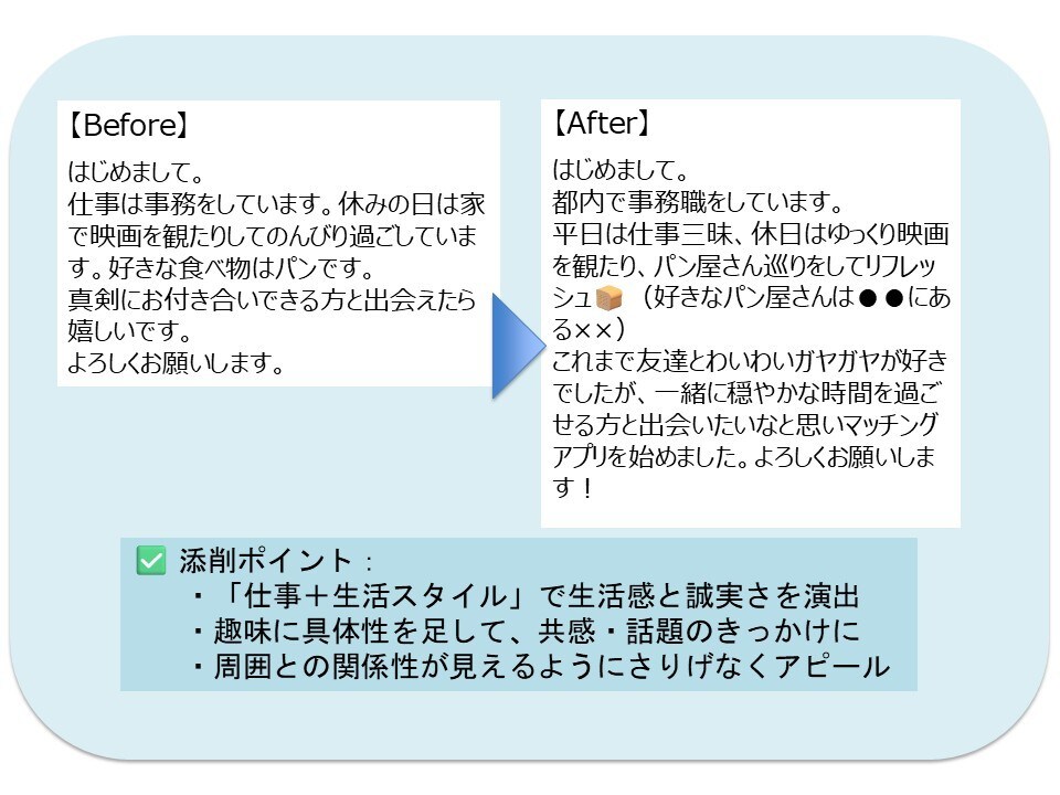マッチングアプリのプロフィール＆LINE添削します 大手メーカーでブランドマーケターを経験！がっつり伴走します イメージ2