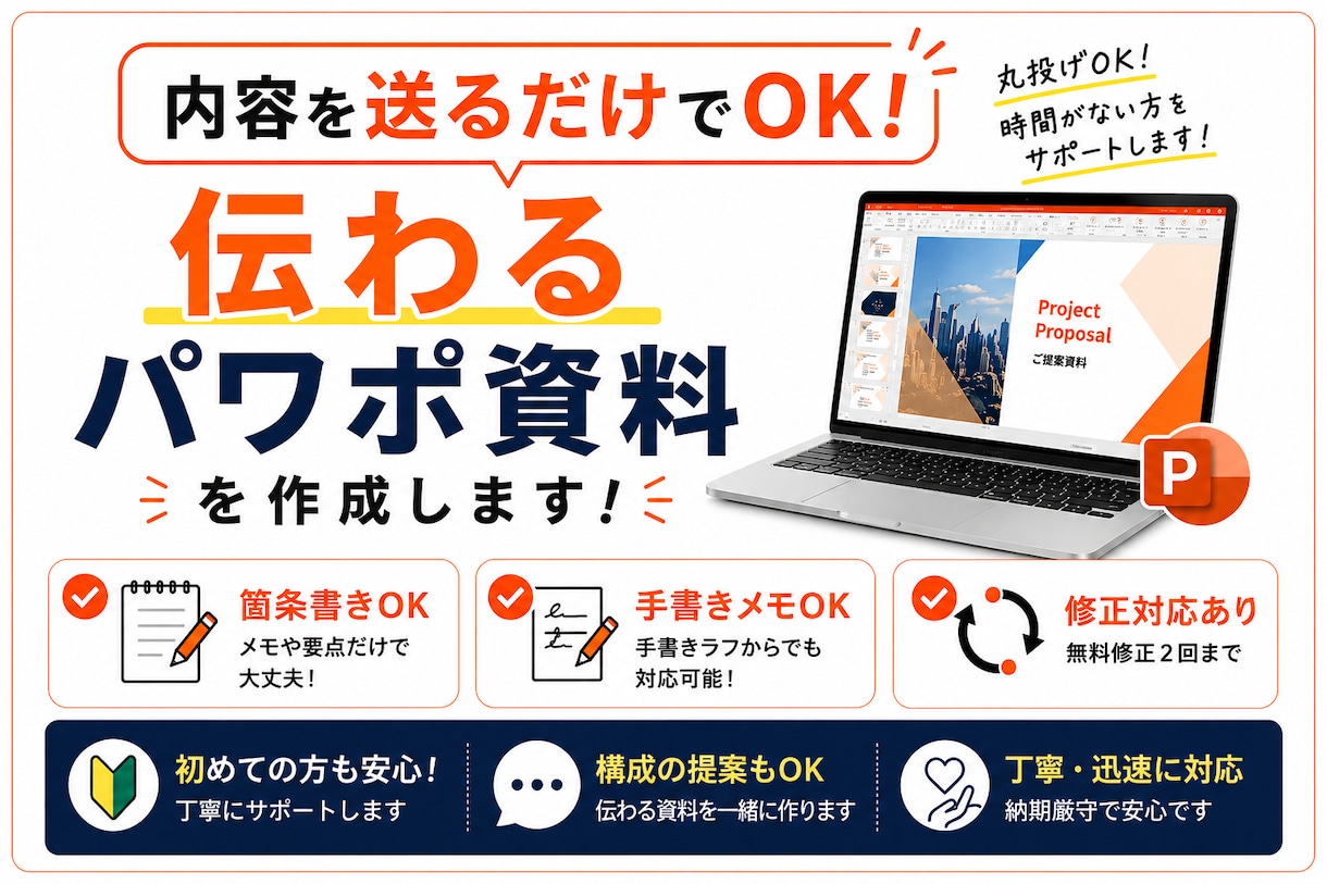 内容を送るだけ｜伝わるパワポ資料を作成します 箇条書きや手書きメモからでも対応可能です イメージ1