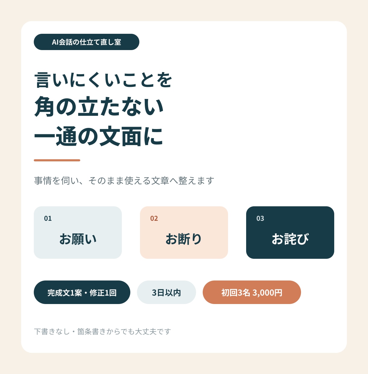 言いにくいお願い・お断り・お詫びの文面を作ります 事情を伺い、角の立たない一通に整えます イメージ1