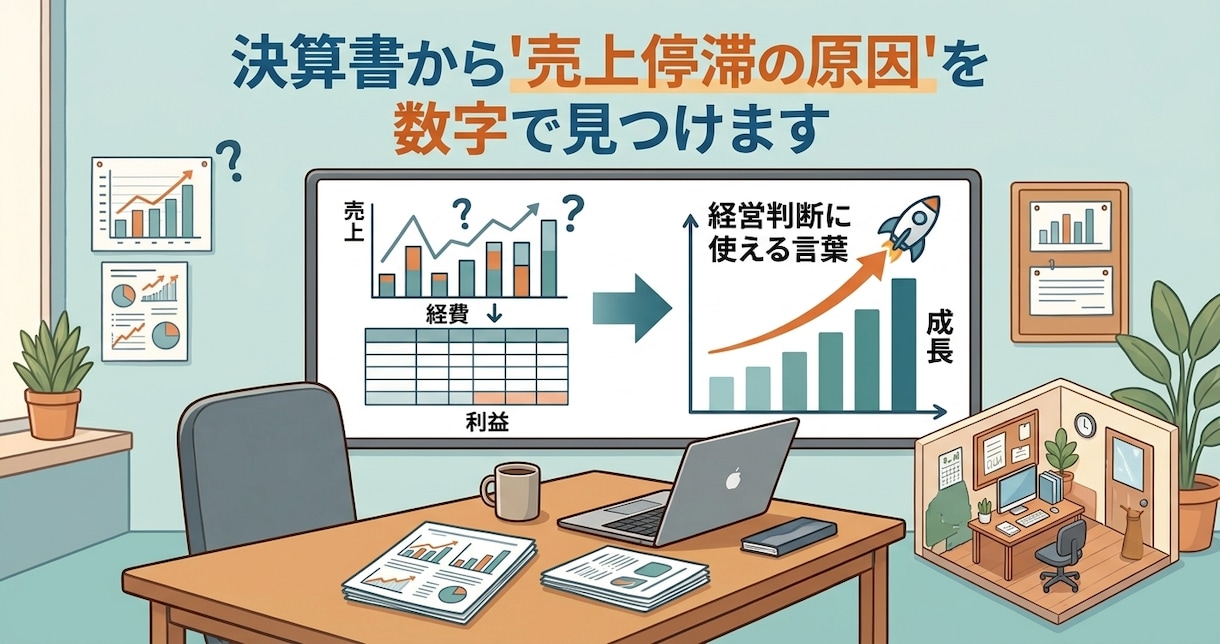 決算書から"売上停滞の原因"を数字で見つけます 数字のもやもやを、経営判断に使える言葉へ。 イメージ1