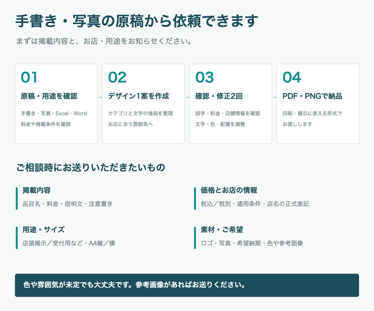 個人店の料金表・メニュー表を見やすく整えます 手書き・写真からA4一枚に。修正2回・PDF納品 イメージ6