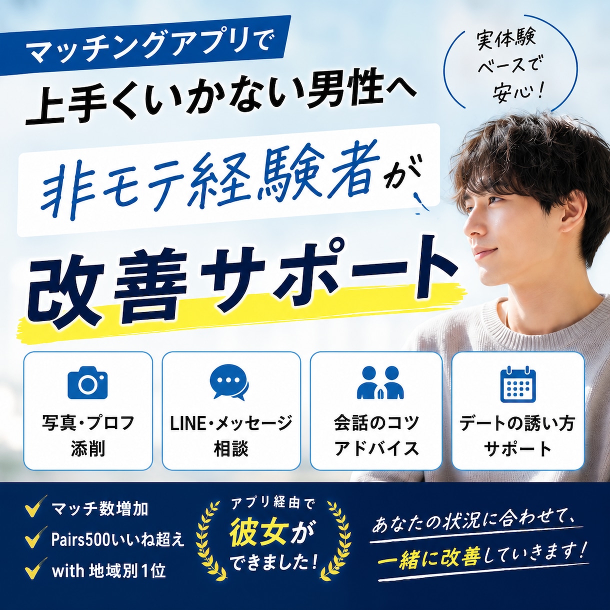 非モテ経験有|マッチングアプリ改善をサポートします マッチしない・続かない悩みを実体験ベースで改善します イメージ1
