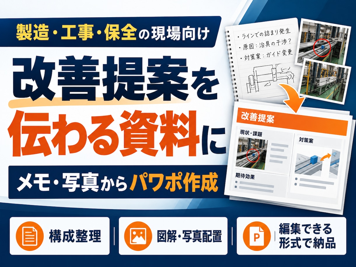 現場の改善提案を伝わるパワポ資料にまとめます 製造・工事現場の経験を活かし、メモや写真から整理 イメージ1