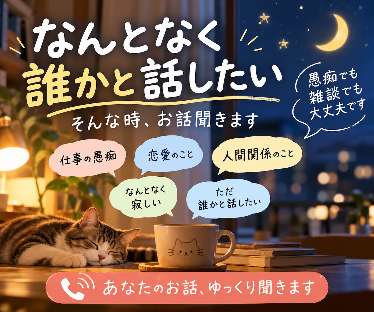 なんとなく誰かと話したい。そんな時、お話聞きます 愚痴でも雑談でも大丈夫。あなたのお話、ゆっくり聞きます イメージ1