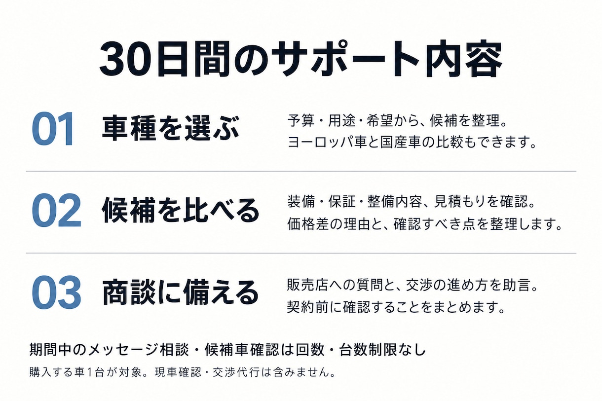輸入中古車の購入を30日間サポートします 経営経験者が車種選びから伴走｜欧州車・国産車の比較も イメージ2