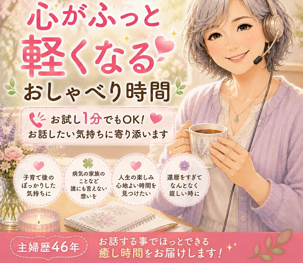 お試し１分でもOK！お話したい気持ちに寄り添います 主婦歴46年お話する事でほっとできる癒し時間をお届けします！ イメージ4