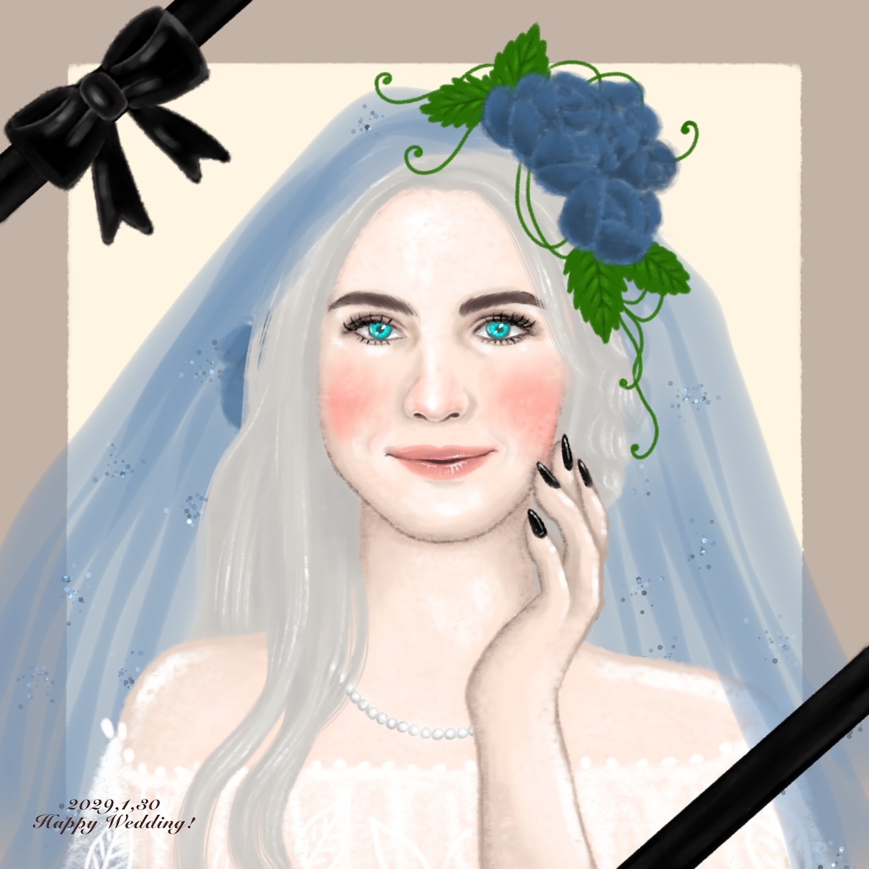 ベールをまとったアートな似顔絵を描きます ウエディングのウェルカムボードやギフト用等 イメージ2