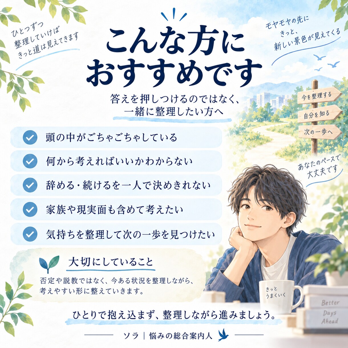複雑に絡んだ悩みを整理、次の一手を見える形にします 何から考えればいいか分からない状態から、一緒に整理します イメージ3