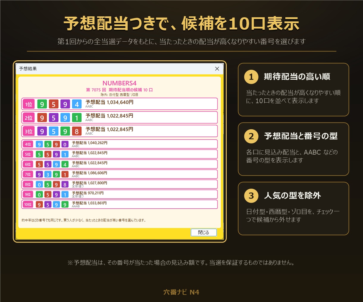ナンバーズ4の配当重視予想ソフトを販売しますます バックテスト機能つき｜同じ当たりなら高配当を狙う イメージ2