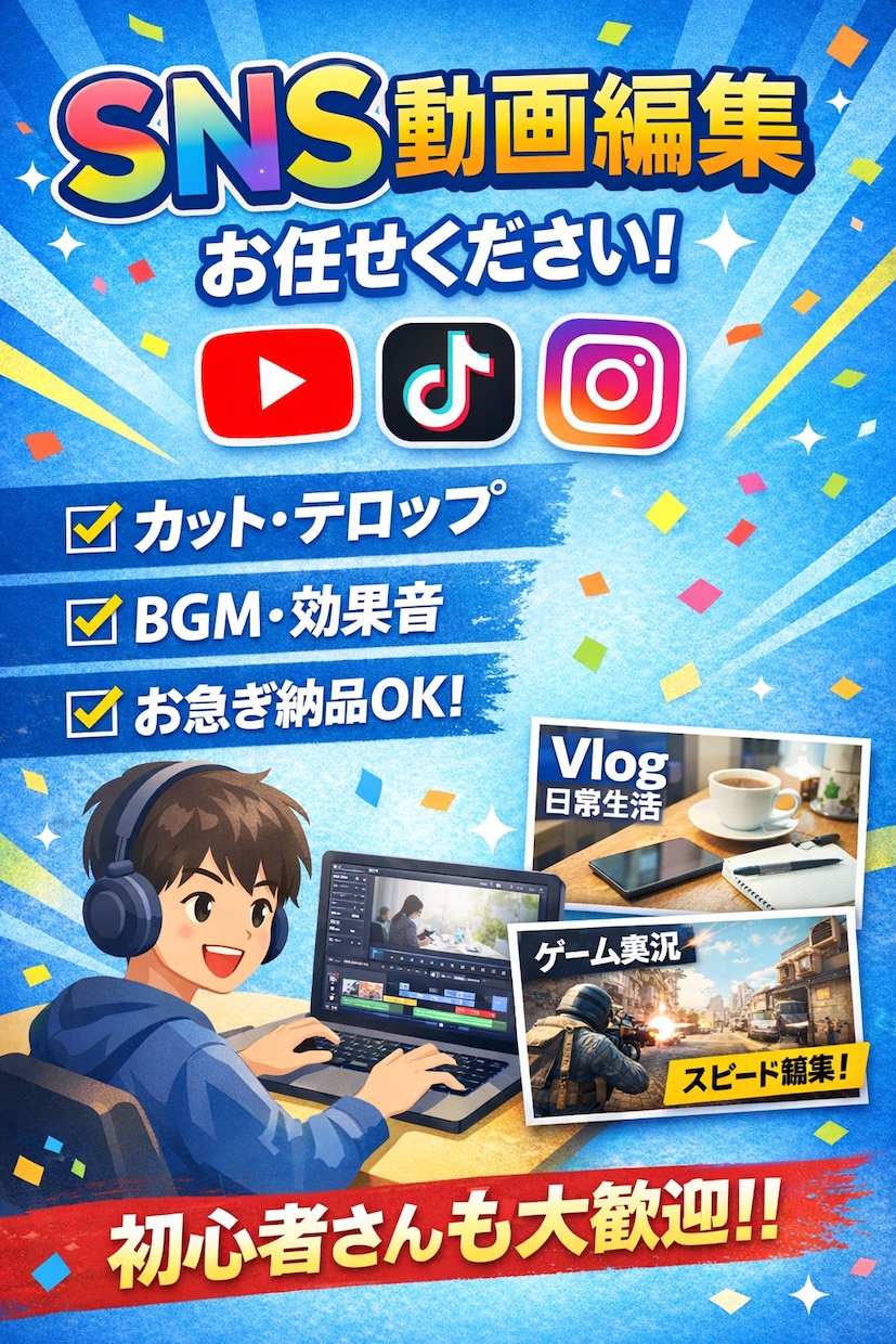 SNS向けの動画編集します テロップ・カット・BGMで（見やすい動画）に仕上げます！ イメージ1