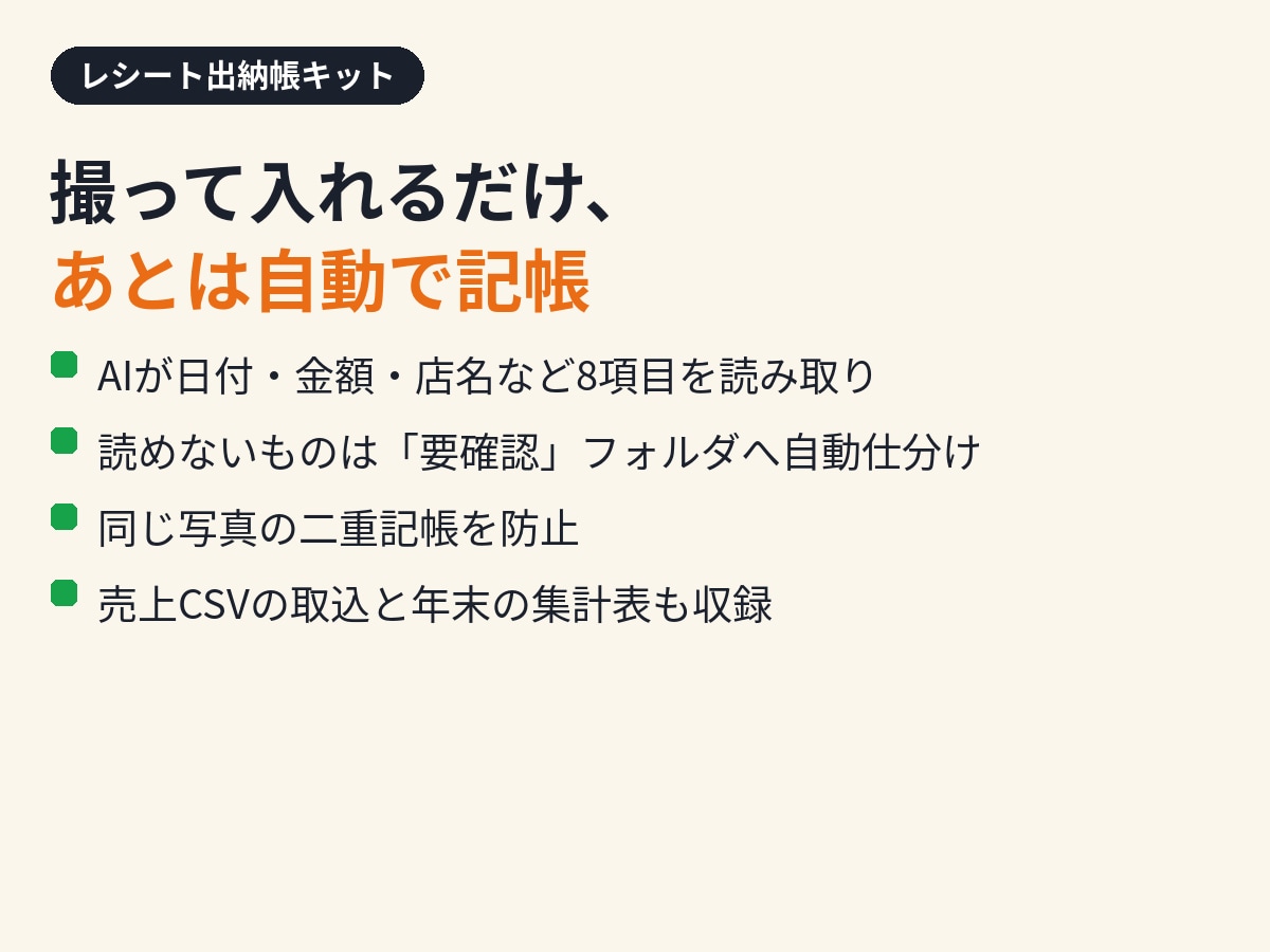 レシートを撮るだけ｜経費を自動記帳します 撮って入れるだけでAI記帳。月末の山をなくします イメージ2