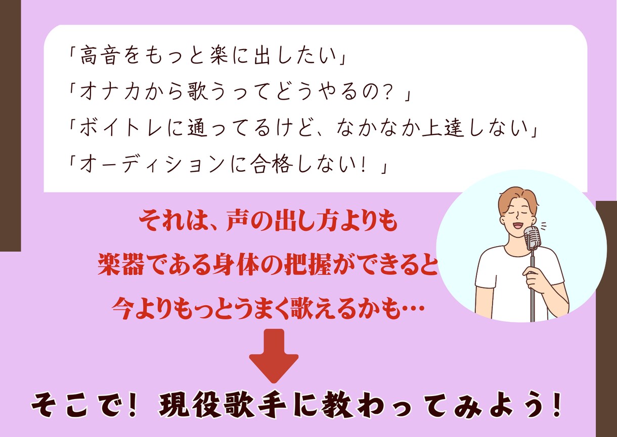 歌がうまくなりたい方*.☽.｡.個人指導します 高音を出したい、オナカから声を出したい、今より歌うまに！ イメージ2