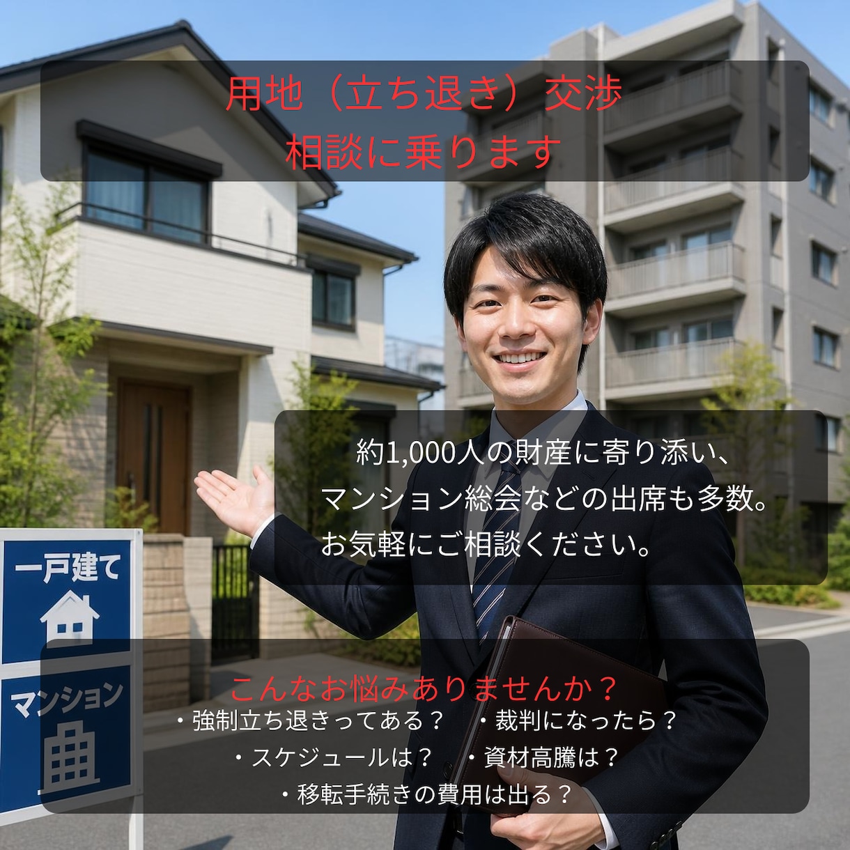 役所からの立ち退きの悩み。プロがアドバイスします 条件提示やマンション理事会運営で困りの方親身に相談に乗ります イメージ1