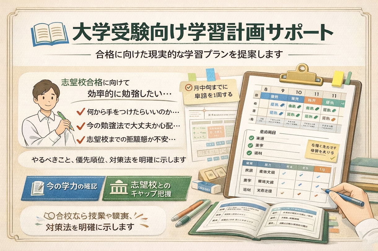 大学受験の志望校合格に向けた学習計画の作成をします 最短で志望校合格するための学習戦略を立てます イメージ1