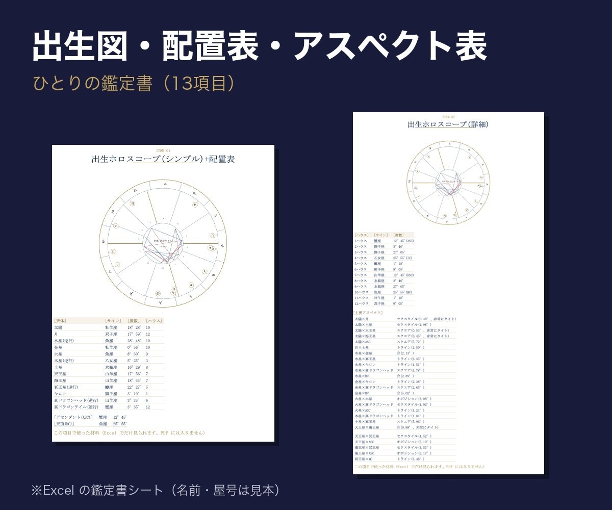 屋号入りの西洋占星術鑑定書Excelを提供します 占い師さん向け。ホロスコープと鑑定文をPDFで渡せます イメージ5