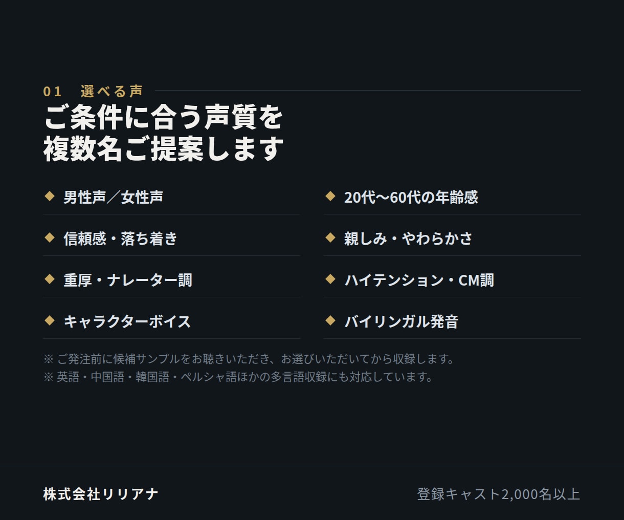 企業VP・CMのナレーションを多言語で収録します 日本語も外国語も1社で。使用許諾書と請求書つきで納品します イメージ2