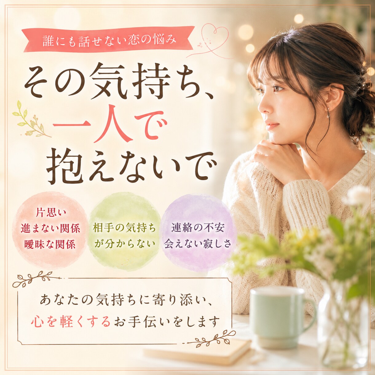 片思いや複雑な恋愛の苦しい気持ちをお聞きします 進まない関係や連絡の不安を一緒に整理します イメージ3
