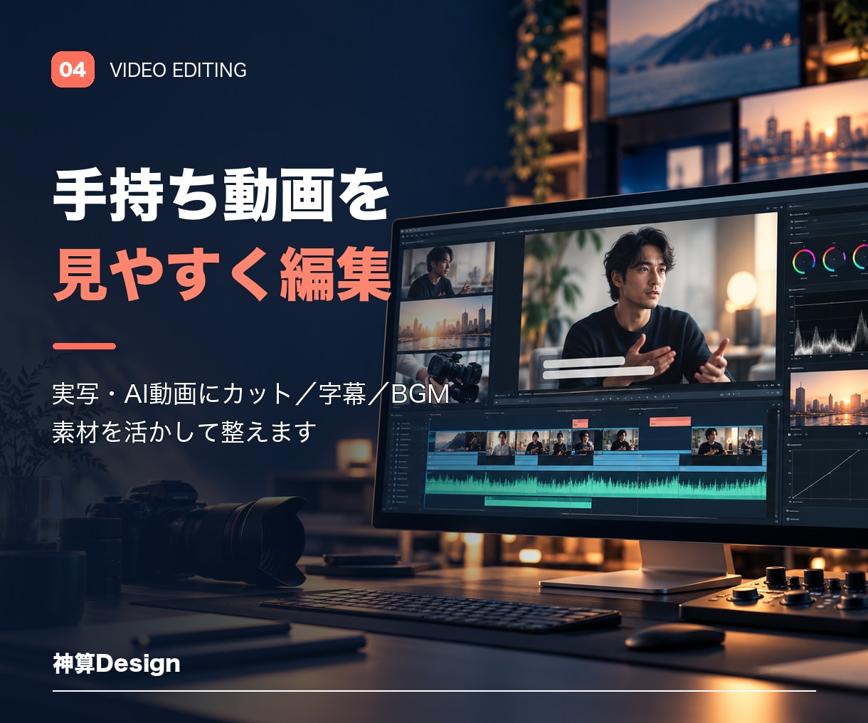 手持ち動画を見やすく編集します 実写・AI動画を、カット・字幕・BGMで整えます。 イメージ1
