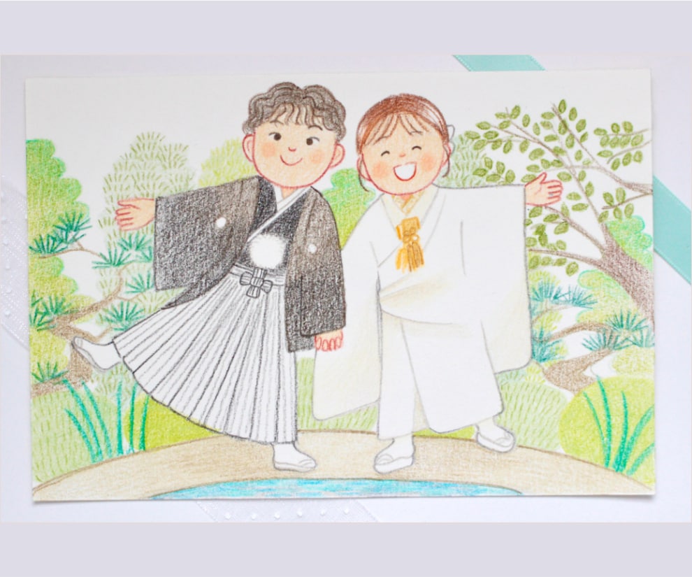 色鉛筆で絵本タッチのウェディングイラスト作成します 背景基本無料&下書き修正何回でも◎原画とデータどちらも納品！ イメージ5