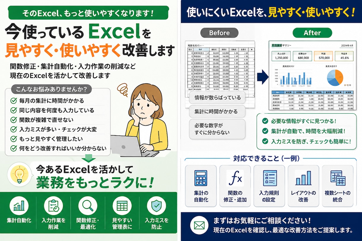 エクセルを便利にしたい方｜改善方法をご提案します 集計の自動化や入力作業の削減など、現状は活かした提案をします イメージ1