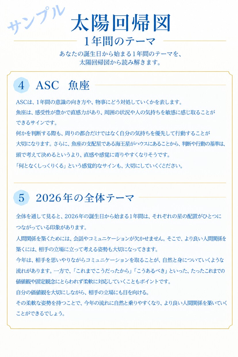 太陽回帰図から１年のテーマを読み解きます 星をつなぎ、あなただけの１年の道しるべをお届けします。 イメージ4