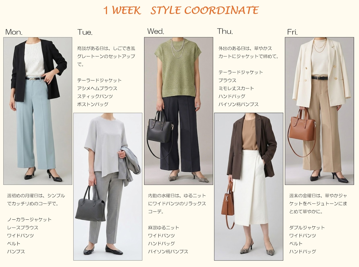 女性限定！お仕事スタイルの1週間コーデを提案します 手持ち服もOK！ファッションのプロが好印象のお仕事コーデ提案 イメージ3