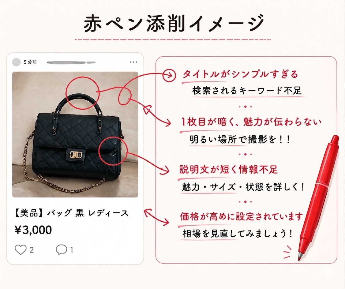 なぜ売れない？メルカリ出品ページを赤ペン添削します 元物販講師。300名以上添削経験で売れない原因を具体的に改善 イメージ3