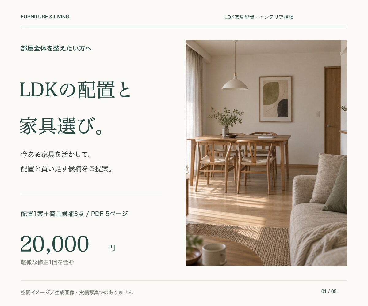 今ある家具を活かしてＬＤＫの配置をご提案します 配置・色・買う順番を、理由付きの提案書に イメージ1