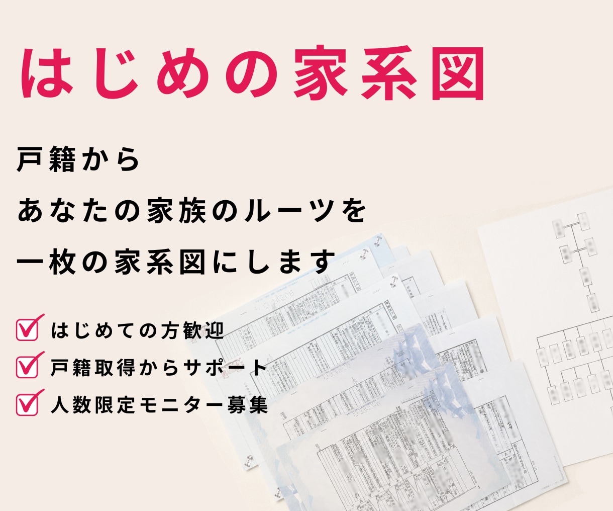 はじめの家系図｜整理してない戸籍、1枚につなげます 「何が分かっていて、何が分からないか」失敗しない家系図づくり イメージ1